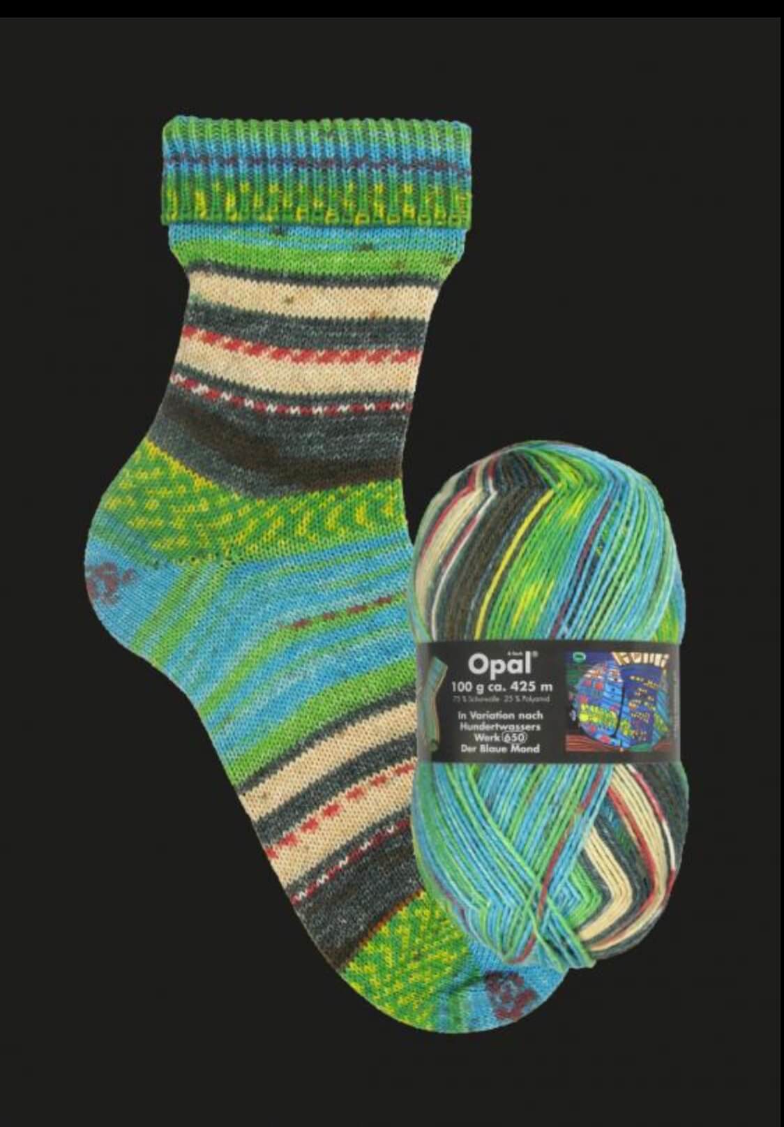 blue green knitted sock in multicoloured opal 4ply sock yarn wool inspired by the artist Hundertwasser