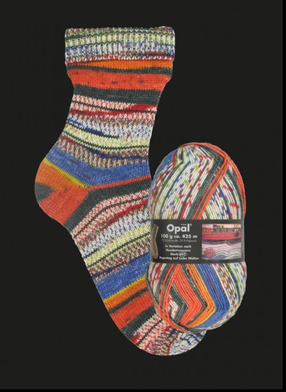 orange blue knitted sock in multicoloured opal 4ply sock yarn wool inspired by the artist Hundertwasser