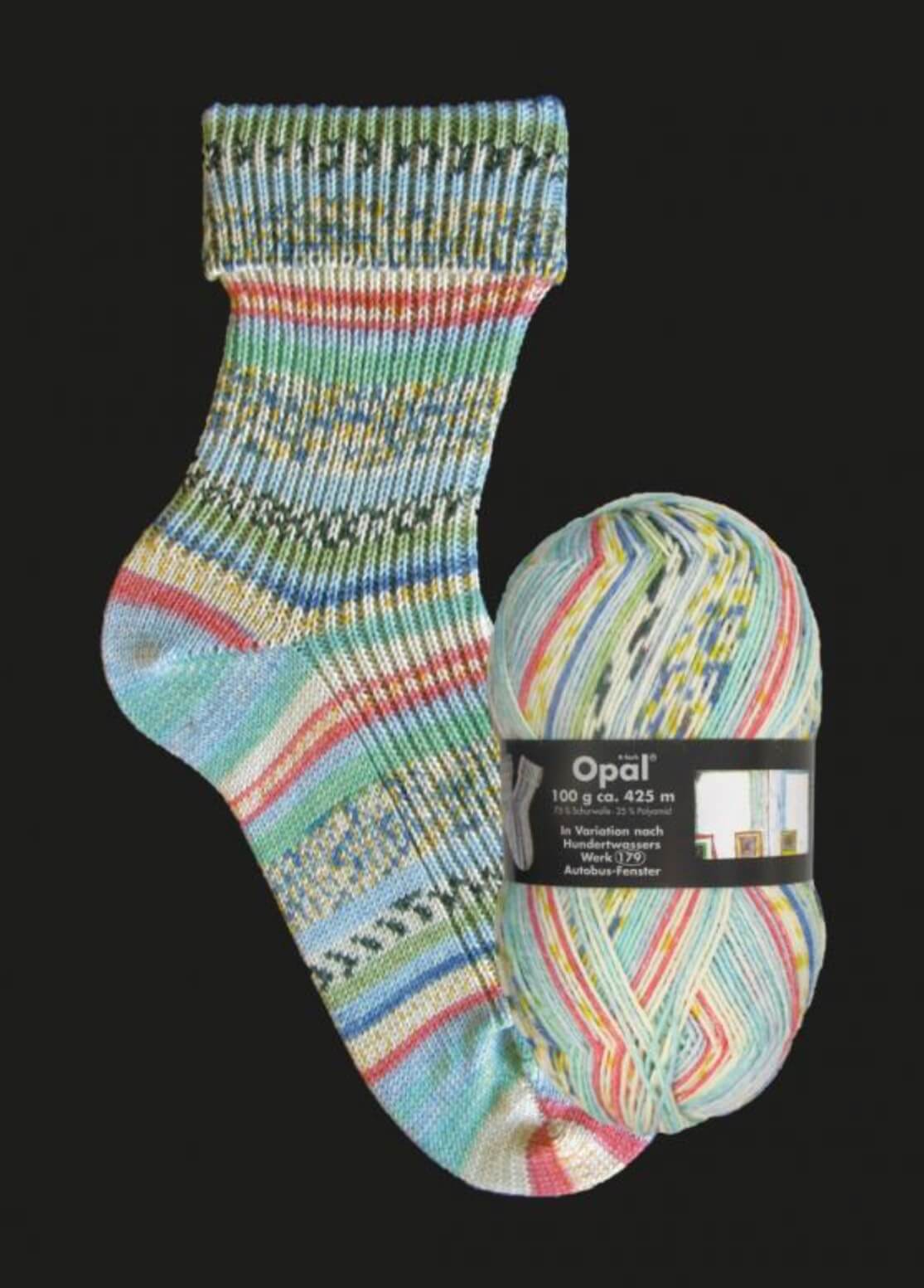 turquoise knitted sock in multicoloured opal 4ply sock yarn wool inspired by the artist Hundertwasser