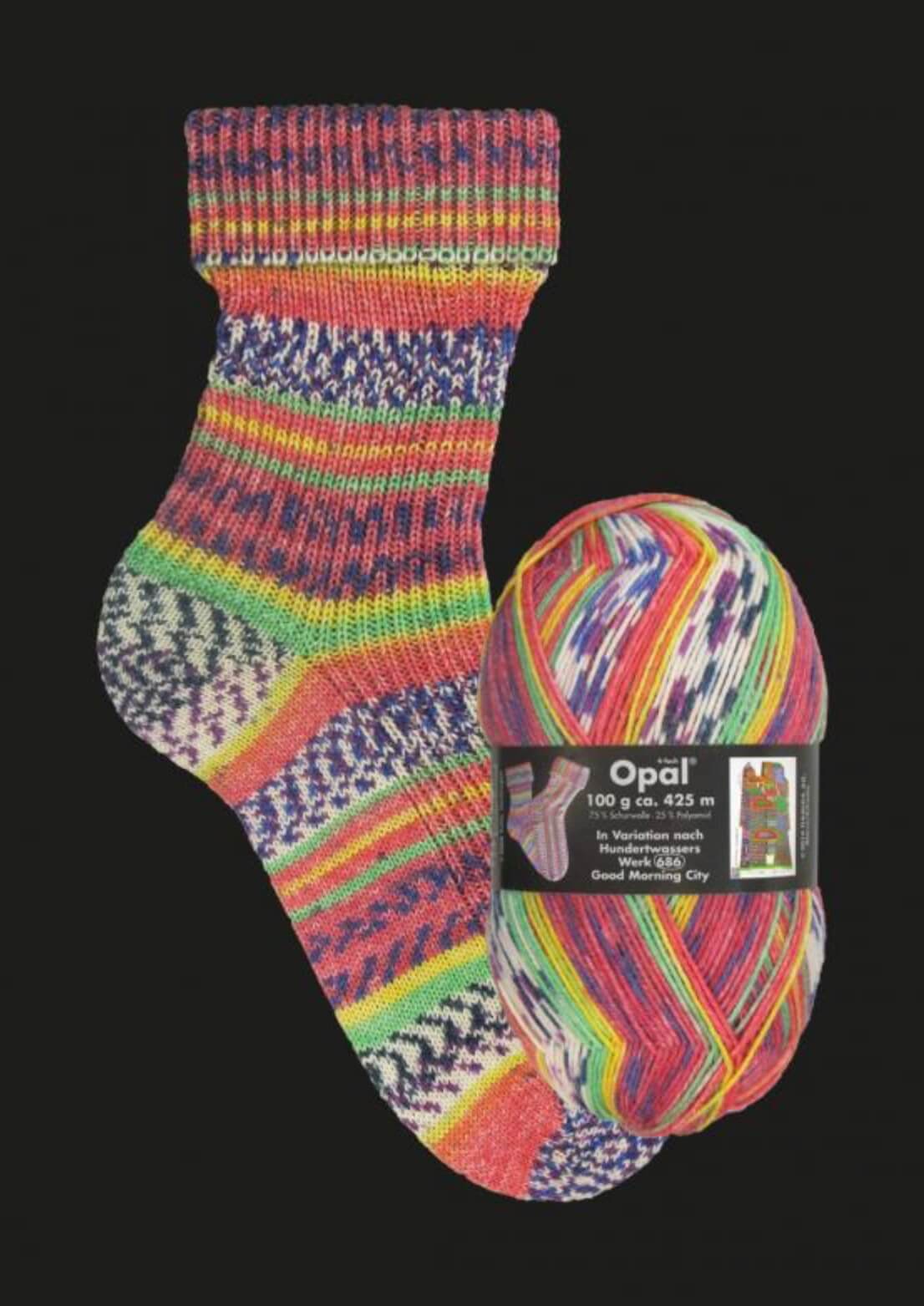pink and purple knitted sock in multicoloured opal 4ply sock yarn wool inspired by the artist Hundertwasser