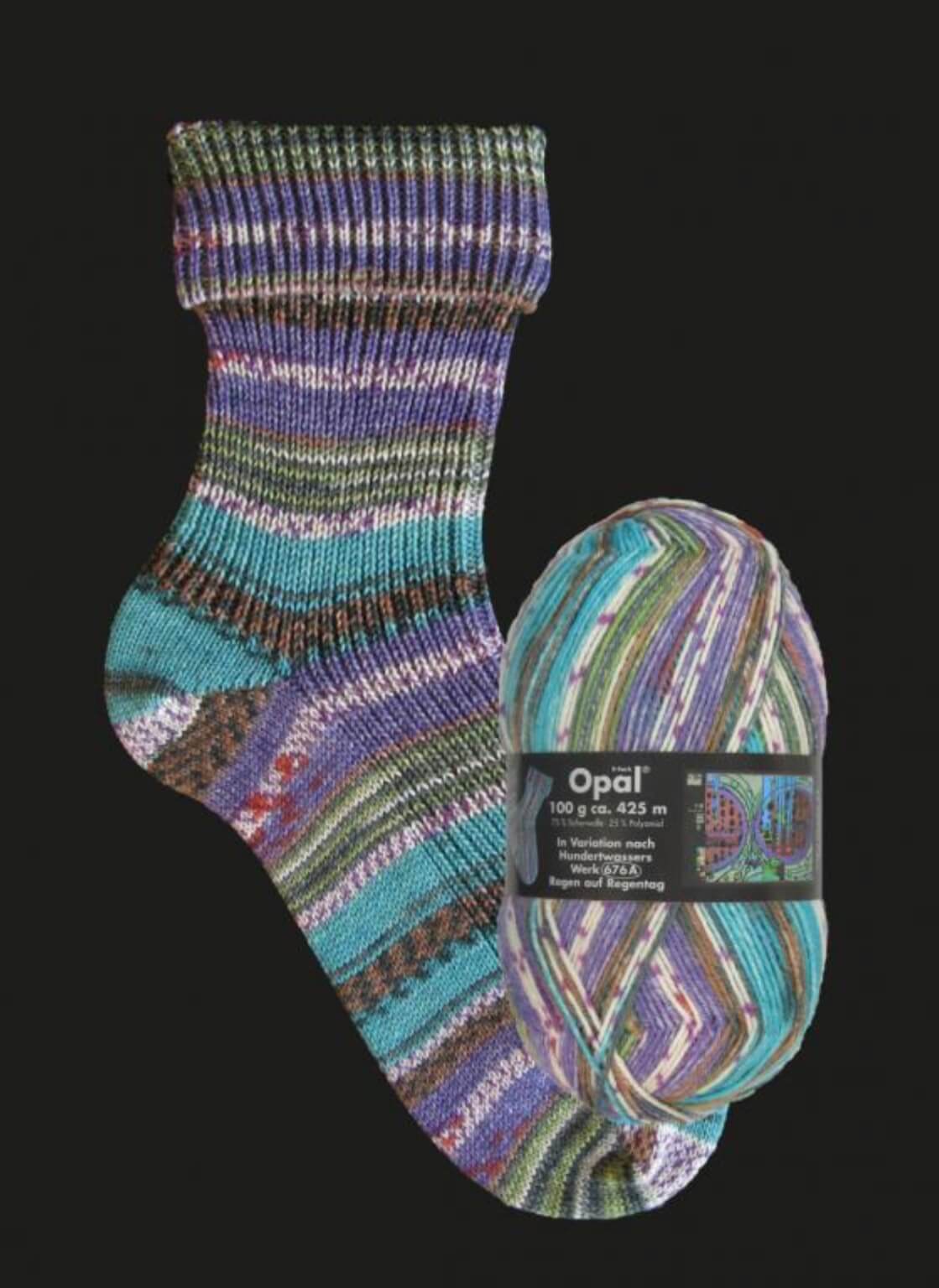 purple knitted sock in multicoloured opal 4ply sock yarn wool inspired by the artist Hundertwasser