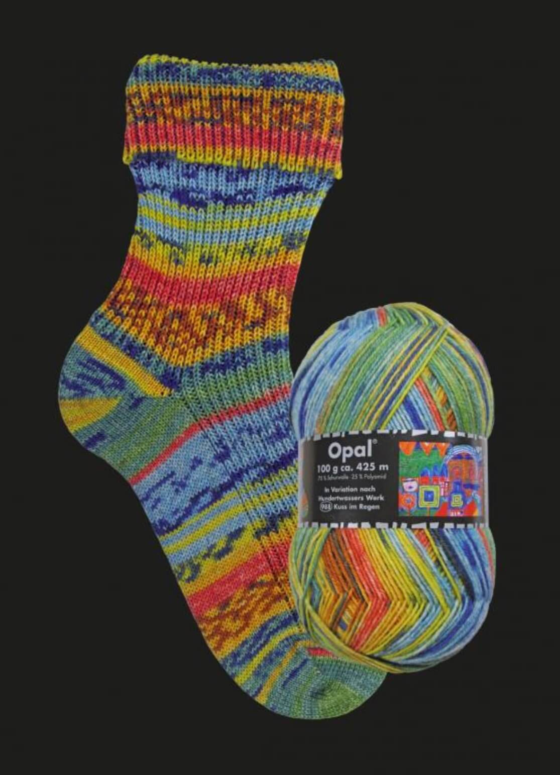 orange and blues knitted sock in multicoloured opal 4ply sock yarn wool inspired by the artist Hundertwasser
