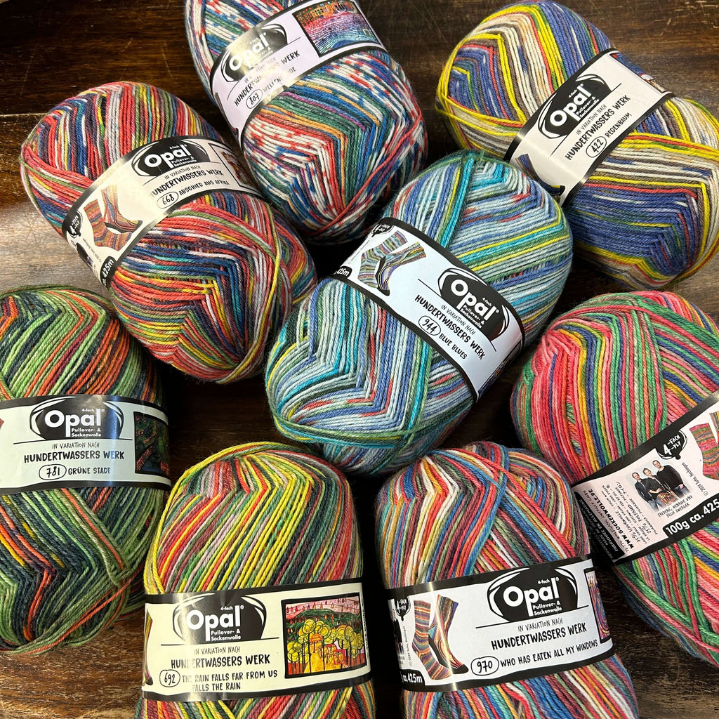 8 balls of multi coloured opal 4ply sock yarn wool inspired by the artist Hundertwasser
