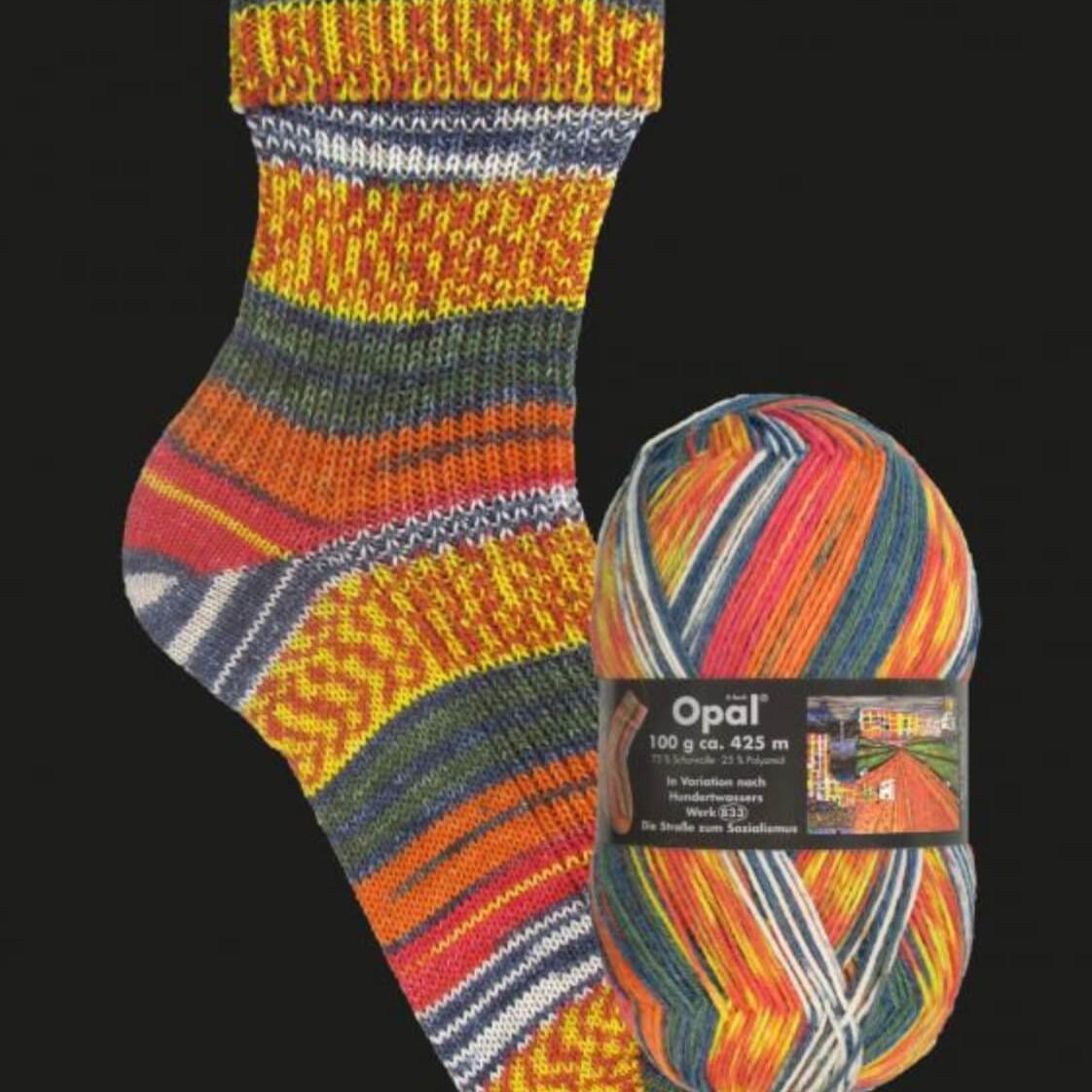 orange knitted sock in  multicoloured opal 4ply sock yarn wool inspired by the artist Hundertwasser