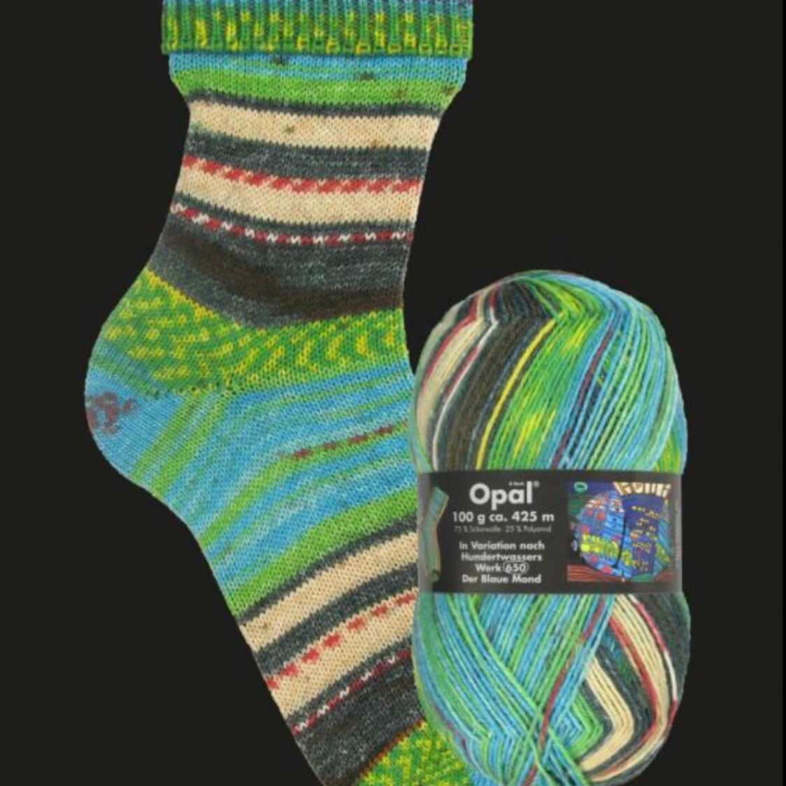 blue green knitted sock in  multicoloured opal 4ply sock yarn wool inspired by the artist Hundertwasser