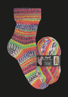 pink and purple knitted sock in  multicoloured opal 4ply sock yarn wool inspired by the artist Hundertwasser