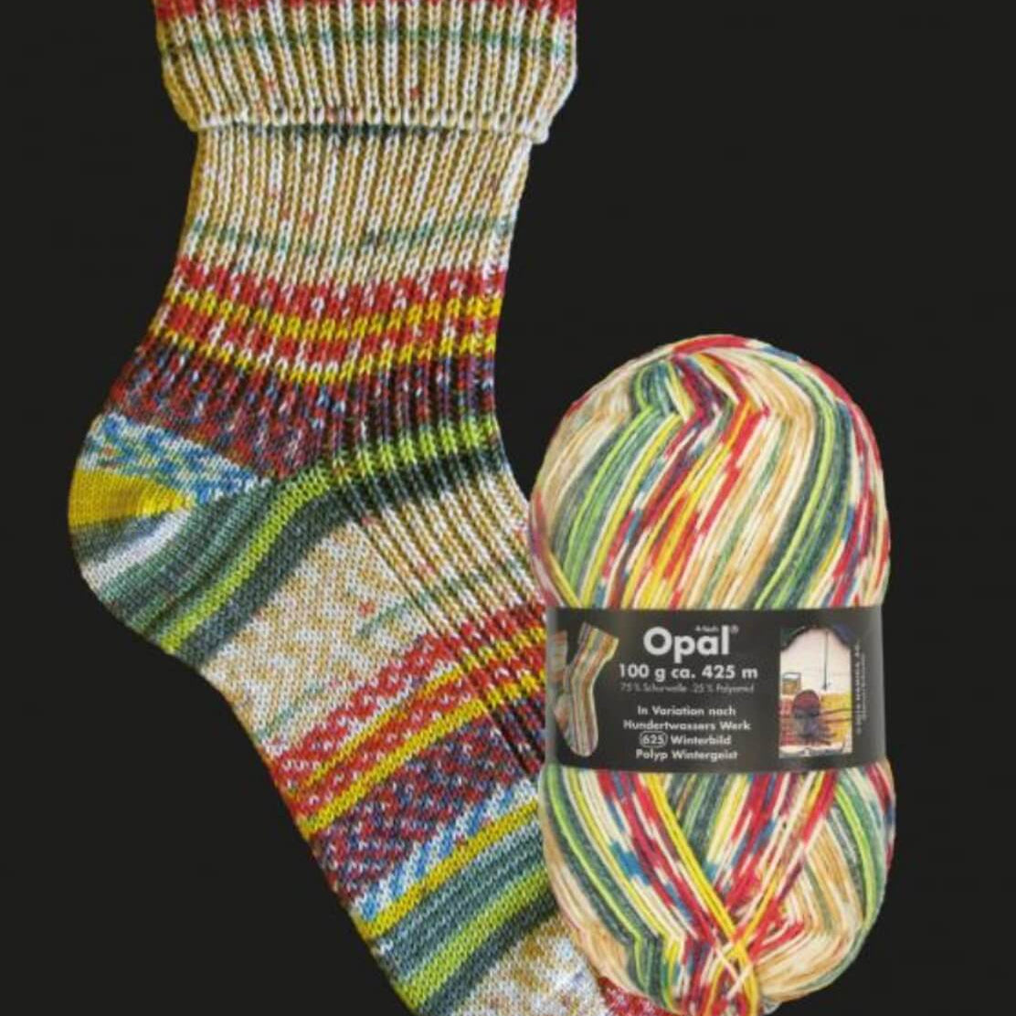 beige and green knitted sock in  multicoloured opal 4ply sock yarn wool inspired by the artist Hundertwasser