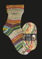 beige and green knitted sock in  multicoloured opal 4ply sock yarn wool inspired by the artist Hundertwasser