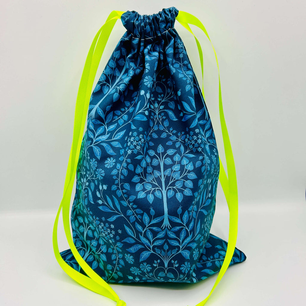 blue patterned drawstring project bags for knit crochet filled with 20 mini balls of Opal 4ply sock yarn