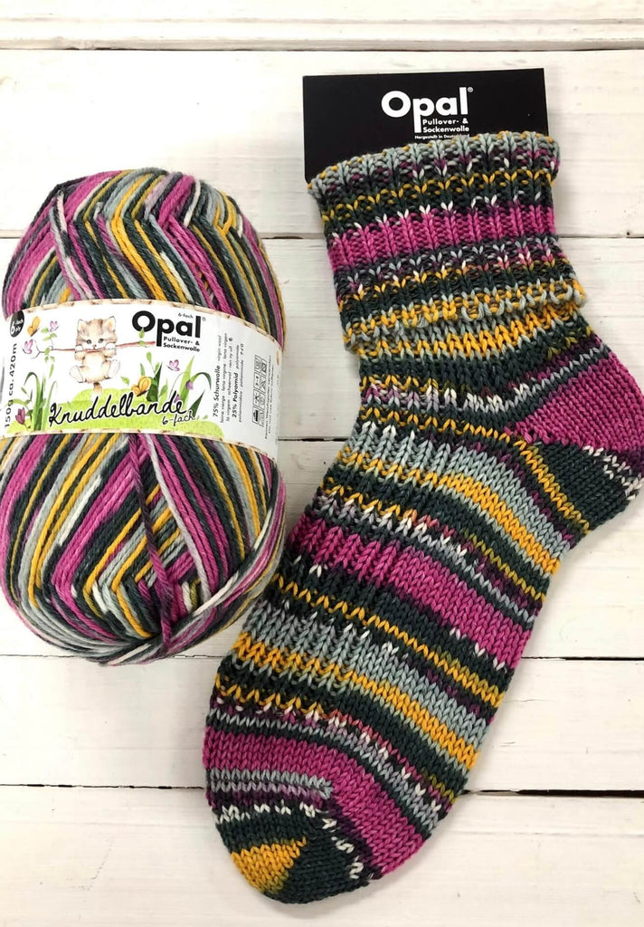 purple yellow knitted sock multicoloured opal 6ply sock wool yarn 