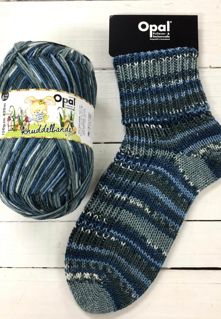 blue knitted sock multicoloured opal 6ply sock wool yarn 