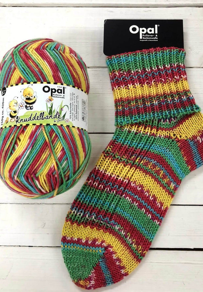 green and yellow knitted sock multicoloured opal 6ply sock wool yarn 