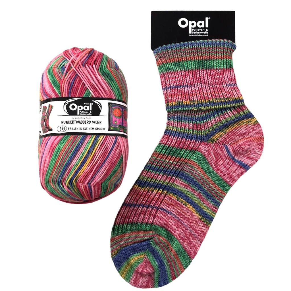 pink sock knitted in  multi coloured opal 4ply sock yarn wool inspired by the artist Hundertwasser