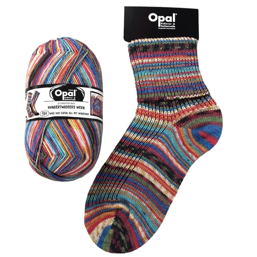 blue stripey sock knitted in  multi coloured opal 4ply sock yarn wool inspired by the artist Hundertwasser