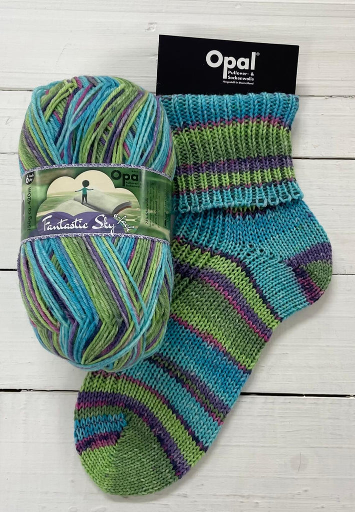 turquoise and green knitted sock multicoloured opal 6ply sock wool yarn 