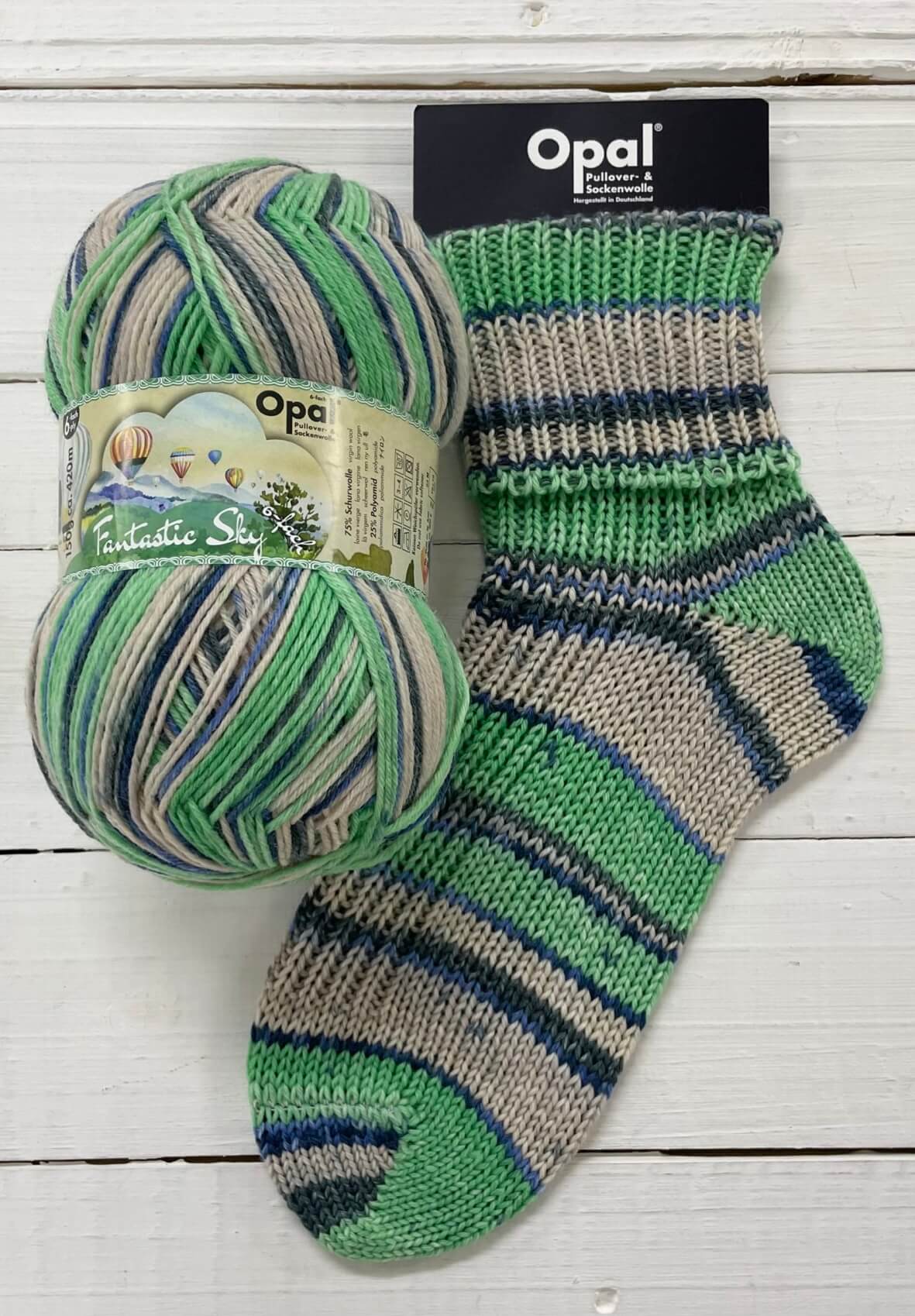 mint and beige knitted sock multicoloured opal 6ply sock wool yarn 