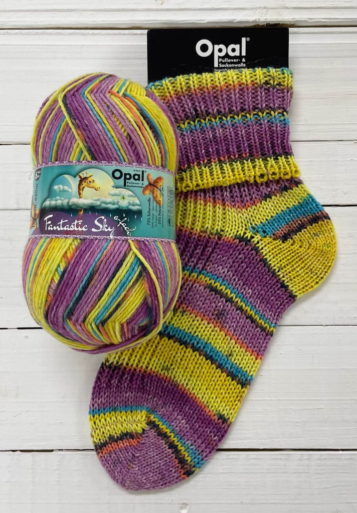 yellow and purple knitted sock multicoloured opal 6ply sock wool yarn 