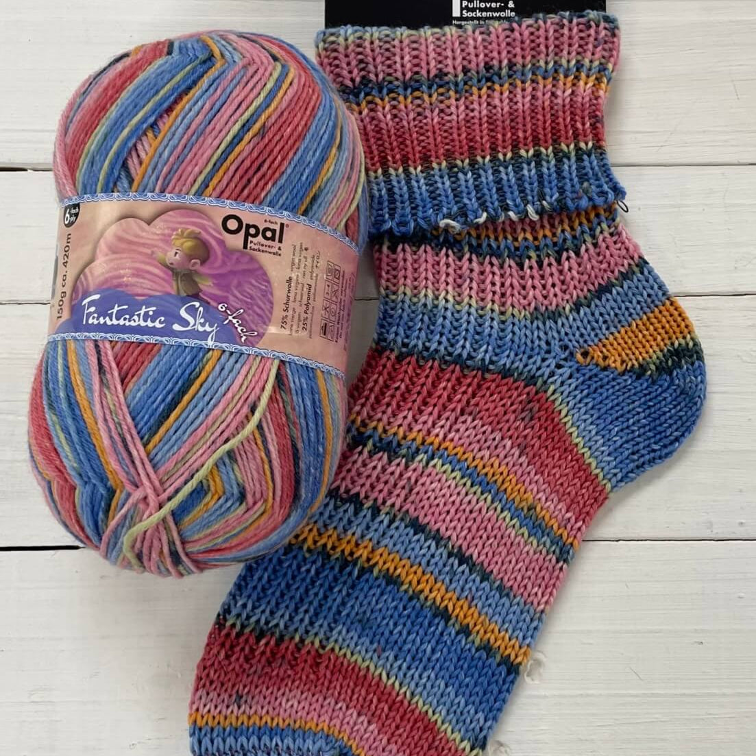 pink and blue knitted sock multicoloured opal 6ply sock wool yarn 